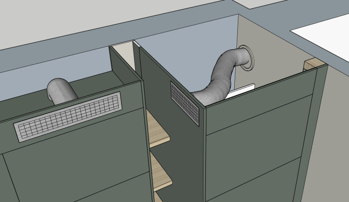 Skiss av ventilationslösning med rördragning ovanför köksskåp, visar placering av kolfilterfläkt och rörets riktning genom väggen.