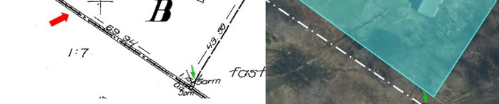 Karta över markområde med grön pil som visar ett järnrör nära stenmuren, vilket tolkas som markerande södra gränsen för en framtida infiltrationsbädd.