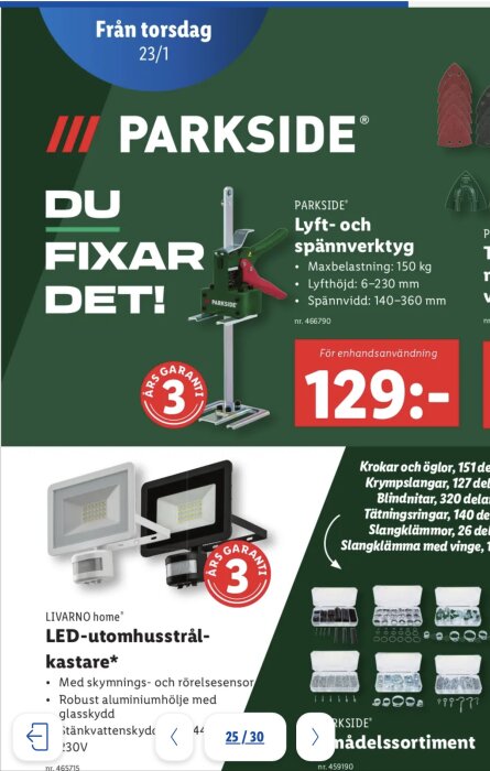 Reklambild för Parkside lyft- och spännverktyg med maxbelastning 150 kg och pris 129 kr, samt LED-utomhusstrålkastare från Lidls kampanj.