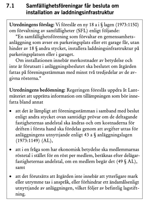 Utredningsförslag från SOU 2024:97 om samfällighetsföreningars rätt att installera laddningsinfrastruktur för elbilar på parkeringsplatser och i garage.
