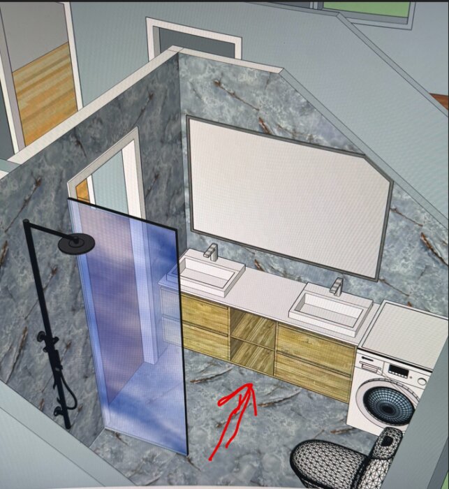 3D-ritning av ett modernt badrum med dubbelhandfat, tvättmaskin och markerad plats för fläktkonvektor under kommoden framför spegeln.