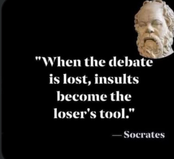 Bild med citat: 'When the debate is lost, insults become the loser's tool.' Attribuerat till Socrates, med en bild av hans byst.