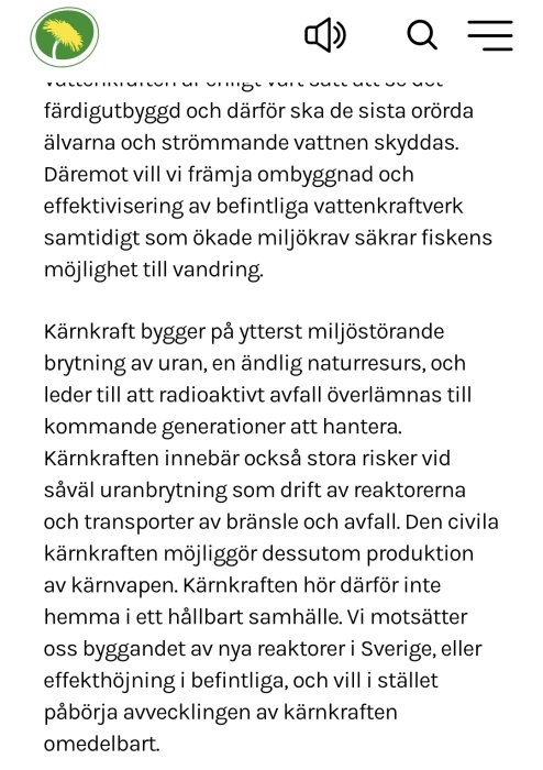 Text från ett partiprogram som argumenterar mot kärnkraft och för att skydda miljön och främja hållbar energi.