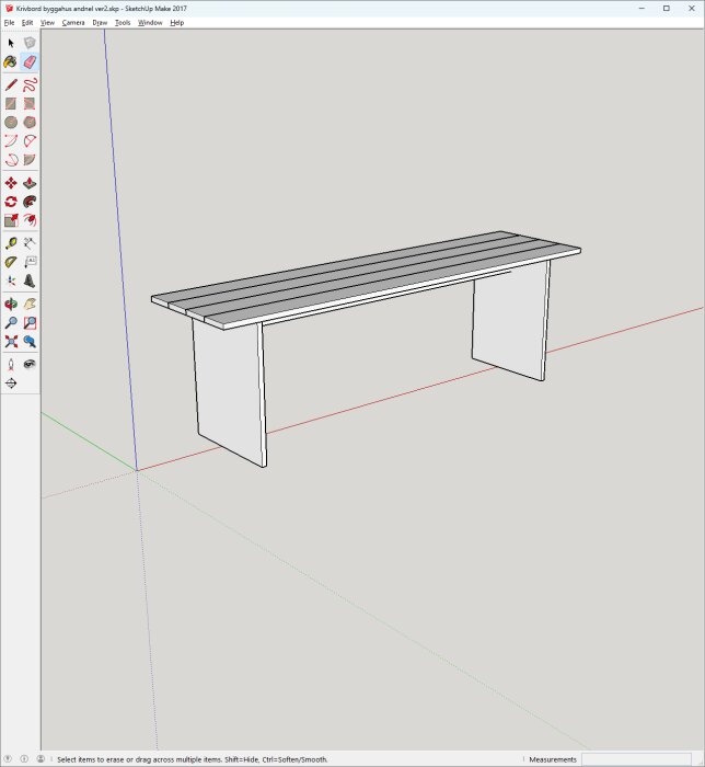 SketchUp-design av bord med två gavlar och en tvärslå. Bordsskiva 2300 mm lång, 26 mm tjock; gavlar 200 mm innanför skivan; tvärslån cirka 125 mm hög.