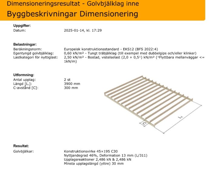 Dimensioneringsresultat för golvbjälklag på 45x195-reglar, C30 kvalitet, med cc-avstånd 300 mm och 3900 mm spännvidd enligt byggbeskrivning.