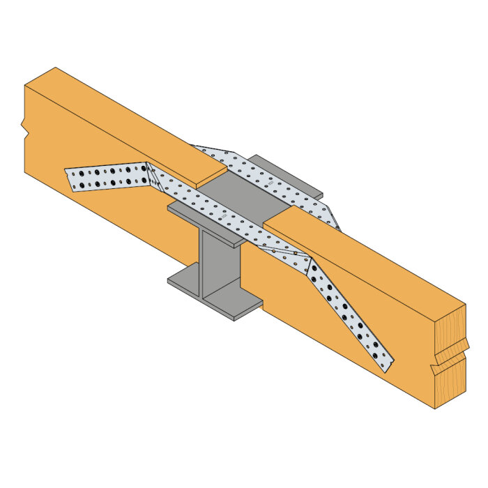 Illustration av två träbalkar förbundna med perforerade stålband fästa runt en central metallkonstruktion för dragkraftsstöd.