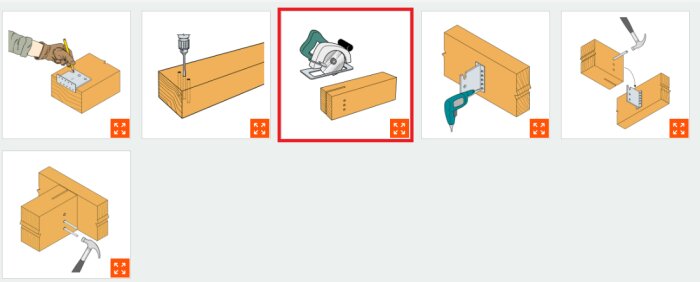 Illustration av en cirkelsåg bredvid en träplanka, del av instruktion för infästning av bjälke med metallbeslag.