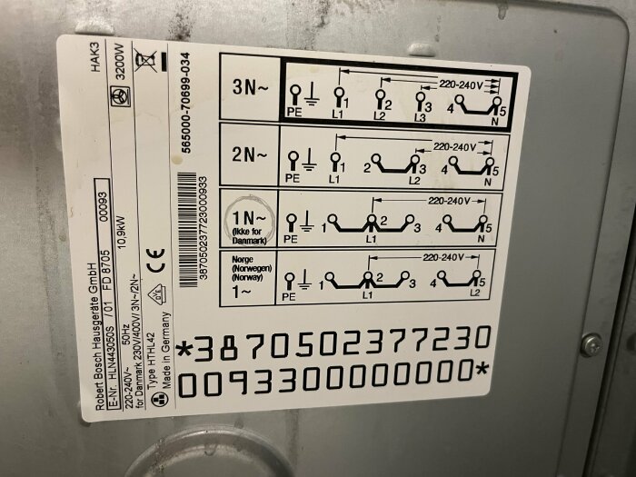 Märkningsetikett på baksidan av en spis, visar elektriska kopplingsscheman och specifikationer för olika faser och spänningar, inklusive 220-240V.