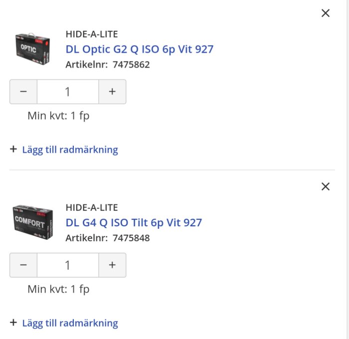 Två produktlistningar från Hide-a-Lite: DL Optic G2 Q ISO med artikelnummer 7475862 och DL G4 Q ISO Tilt med artikelnummer 7475848.