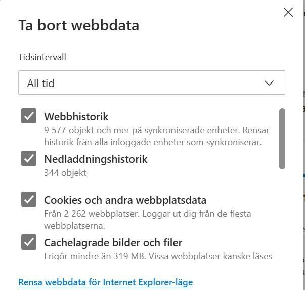 Popup-fönster i webbläsare med inställningar för att ta bort webbhistorik, nedladdningshistorik, cookies och cachelagrade filer.