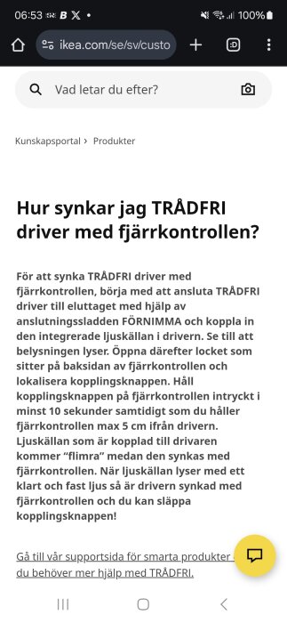 Skärmdump av IKEA-webbsida med instruktioner för hur man synkar TRÅDFRI driver med fjärrkontrollen, inklusive steg som att ansluta sladdar och trycka på knappar.