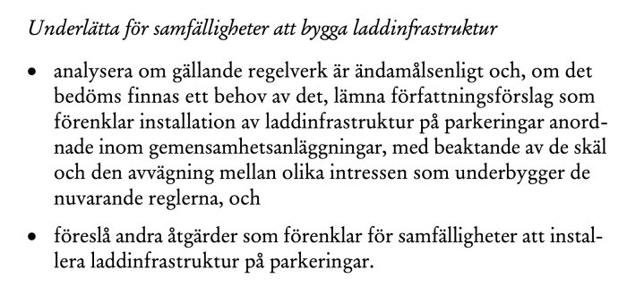 Textbild om att underlätta för samfälligheter att bygga laddinfrastruktur; analyserar regelverk och föreslår åtgärder för installation på parkeringar.