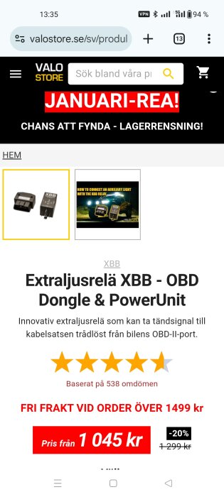 Websida med extraljusrelä XBB - OBD Dongle & PowerUnit för bilar. Specialerbjudande och kundbetyg synliga.