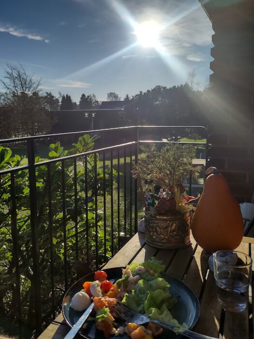 Lunchtallrik med smörgÄstÄrta pÄ en solig balkong, omgiven av vÀxter och ett klart himmel, med utsikt över trÀd och grönska.