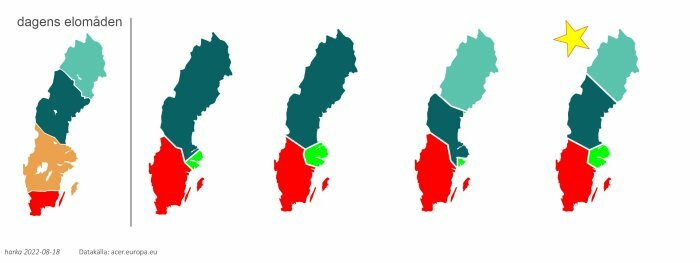 Karta över Sveriges elområden med olika färger för att visa indelning och förslag på förändringar, en stjärna markerar ett område.