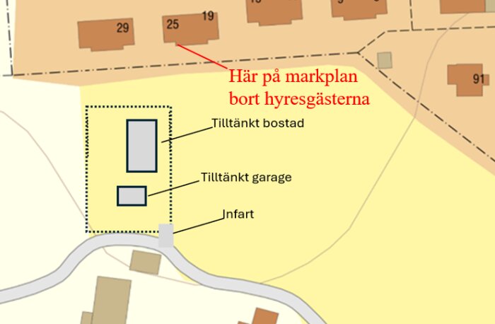 Karta som visar planerat byggprojekt på jordbruksmark med bostad, garage och infart markerade nära befintliga fastigheter.