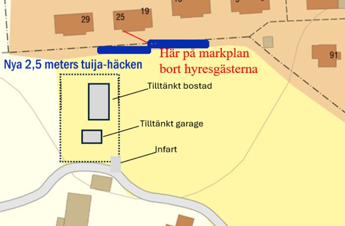 Karta över planerat bostadsområde med markerad tilltänkt bostad, garage och infart. Planerad 2,5m hög tuja-häck och notering om markplan.