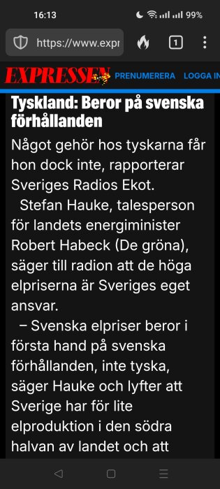 Nyhetsrubrik från Expressens webbplats om Tysklands energiförhållanden och elpriser relaterat till svenska förhållanden.