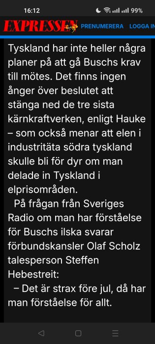 Tidningsartikel från Expressen om Tysklands energipolitik och kärnkraft, Buschs krav och elområden i södra Tyskland.