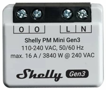 Effektmätare Shelly PM Mini Gen3 med terminaler för O, O, L, N, specifikationer 110-240 VAC, max 16 A/3840 W vid 240 VAC, svart och vit design.