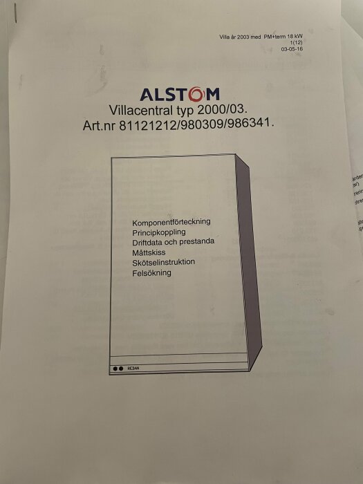 Manual för Alstom villacentral typ 2000/03 med innehållsförteckning för komponenter, driftdata, och felsökning.