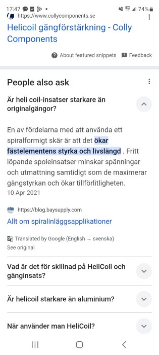 Skärmdump av sökresultat för "Helicoil gängförstärkning" med information om fördelar och frågor om styrka och användning av Helicoil-insatser.