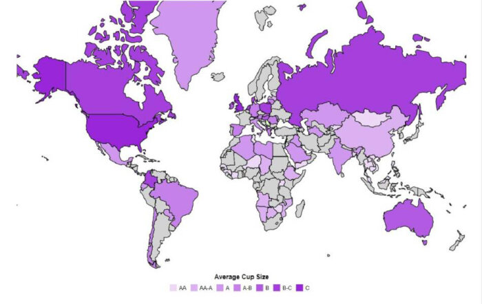 Världskarta som visar genomsnittliga behåstorlekar i olika länder, där länder är färgkodade från vitt (AA) till mörklila (C).
