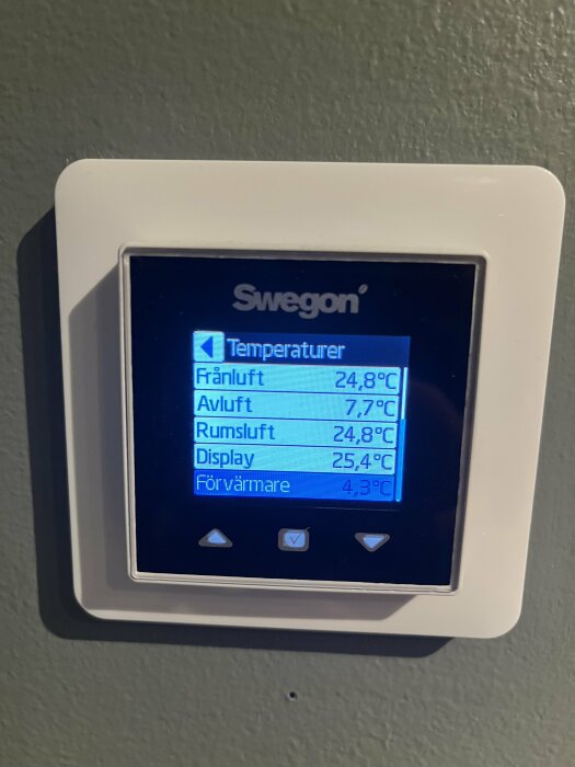 Swegon Casa kontrollpanel visar olika temperaturer: frånluft, avluft, rumsluft, display och förvärmare, där temperaturen på förvärmaren är 4,3°C.