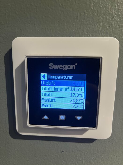 Swegon Casa Smart display visar olika temperaturer för uteluft, tilluft, frånluft och avluft i ett fjärrvärmssystem.