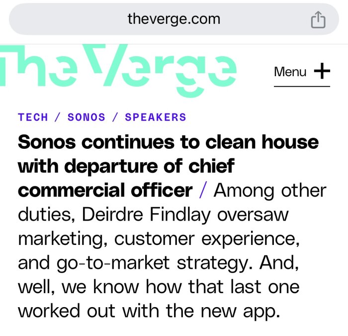 Webbsida från The Verge om Sonos chef kommersiella officer avgång.