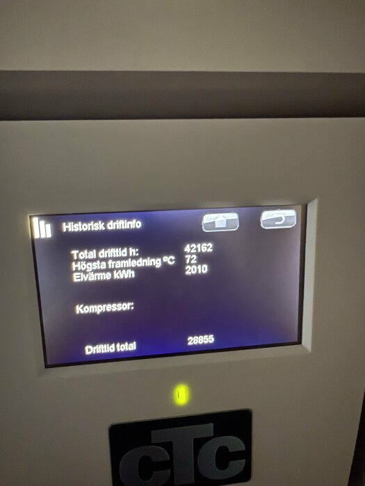 Bild av bergvärmepumpens skärm som visar historisk driftinformation, inklusive total drifttid, högsta framledningstemperatur och elvärmeförbrukning.
