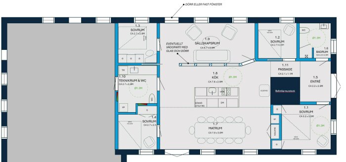 Planritning över hus med teknikrum, vardagsrum, kök, matrum och sovrum, inklusive placering av bjälklag och fördelningsskåp.