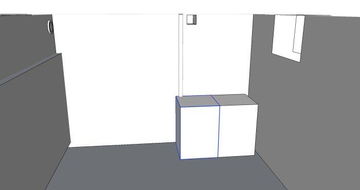 Sketchup-ritning över källare med två rektangulära objekt och avloppsrör på väggen.
