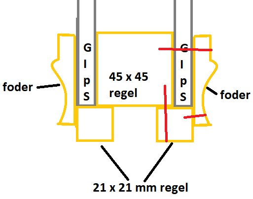 Ritning av regelkonstruktion med 45x45 mm regel och 21x21 mm foder, visar spikningspunkter markerade med röda linjer.