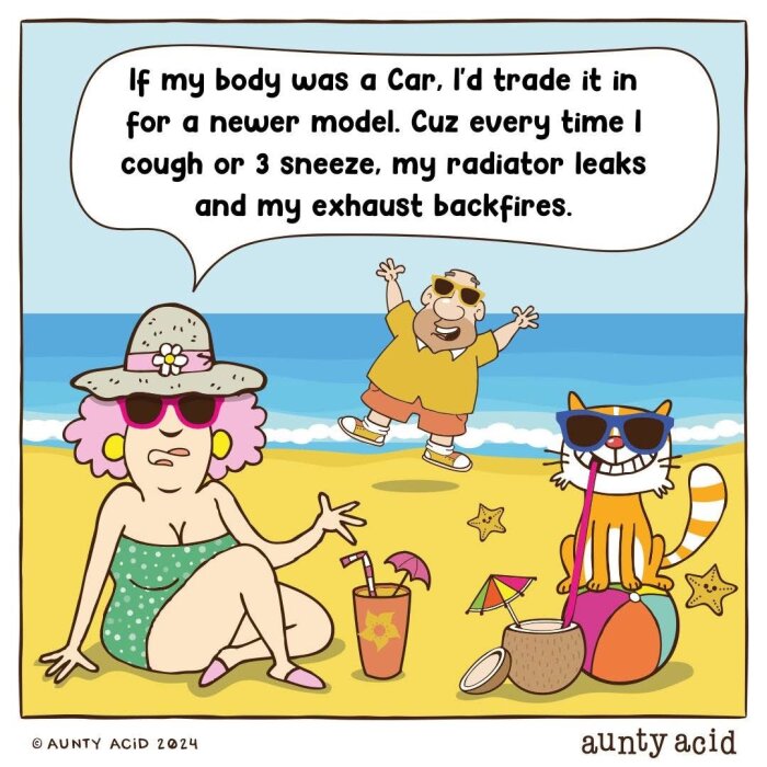 Tecknad kvinna, man och katt på en strand. Kvinna i solhatt och katt bär solglasögon. Kvinna har pratbubbla med humoristisk text om kroppen som en bil.