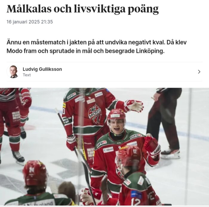 Hockeyspelare i Modo-färgade tröjor firar efter att ha gjort mål i en match. En spelare med nummer 12 syns tydligt i förgrunden.