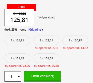 Volymrabatt på varor med pris 125,81 kr. Alternativ för olika antal med besparingar upp till 35,60 kr. Gröna knappen för att lägga i varukorg.