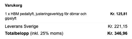 Varukorg med HBM pedallyft, justeringsverktyg för dörrar och gipslyft, kostnad 125,81 kr, leverans 221,15 kr, totalt 346,96 kr inklusive moms.