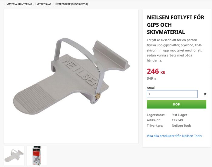 Neilsen fotlyft för gipsskivor och skivmaterial, visas med pris och köpknapp i en onlinebutik.