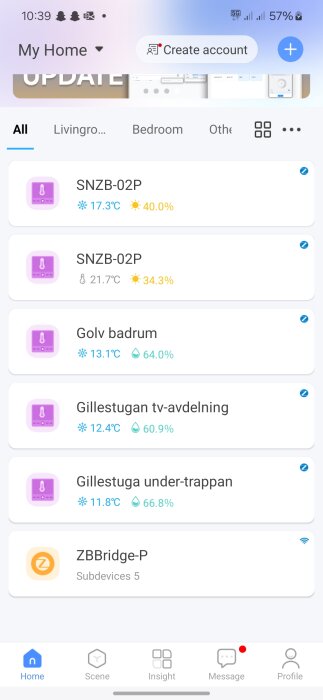 Skärmbild av temperatur- och fuktighetsmätningar för flera platser, inklusive badrumsgolvet och gillestugan, från en mobilapp.