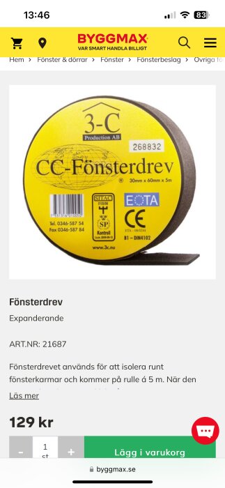 Bild av expanderande fönsterdrev från Byggmax, märkt 3-C Production AB, artikelnummer 268832. Används för isolering runt fönsterkarmar.