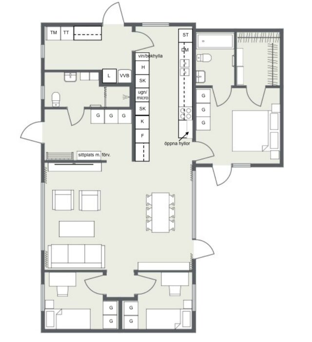 Planritning av hus med parallellkök, sovrum, badrum och vardagsrum. Markerade områden som sittplats, förvaringsytor och kökets planlösning.