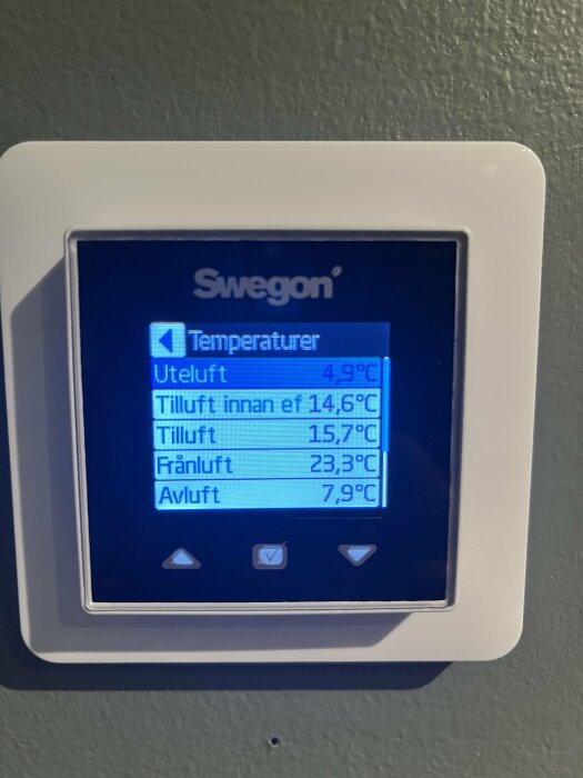 Termostatdisplay från Swegon visar olika lufttemperaturer, inklusive ute- och frånluft.