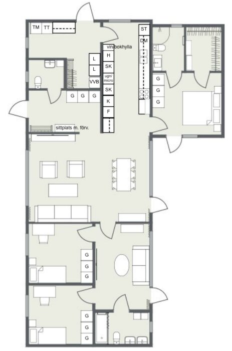 Planlösning med kök, sovrum, badrum, vardagsrum och garage. Visar placering av möbler och apparater i relation till renoveringsplaner.