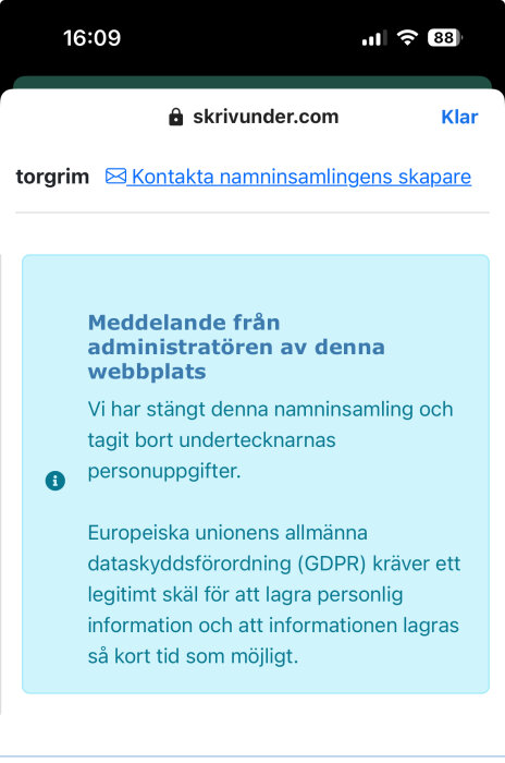 Meddelande om att namnsamling är stängd och GDPR-information visas på en webbsida.