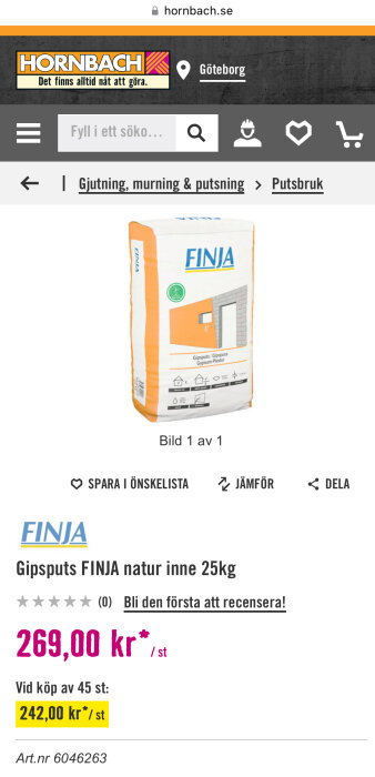 Säck med FINJA gipsputs 25kg, produktannons från Hornbach.