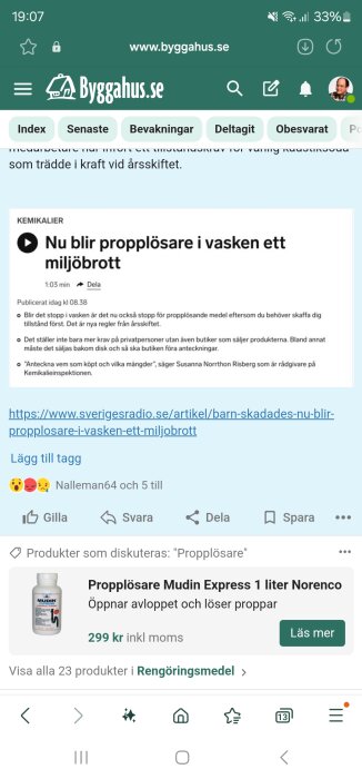 Skärmdump från Byggahus.se om proppborttagare och deras miljöpåverkan, inklusive en reklam för Mudin Express.