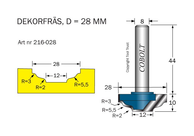 Diagram av en dekorfräs med 28 mm diameter, med detaljerade mått på både profil och verktyg.