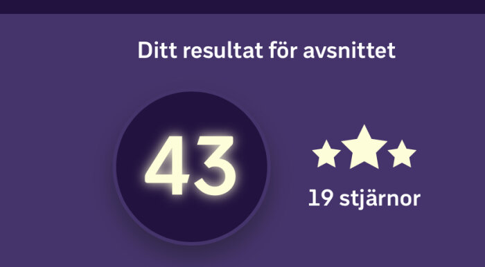 Resultatbild med siffran 43 och texten "Ditt resultat för avsnittet", samt 19 stjärnor.