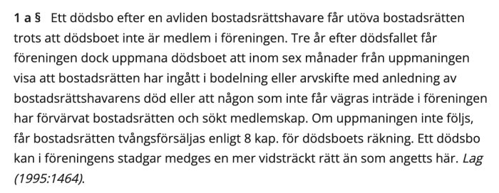 Text från 1 a § i bostadsrättslagen om dödsbos rätt att behålla bostadsrätten efter bostadsrättshavarens död. Lag 1995:1464.